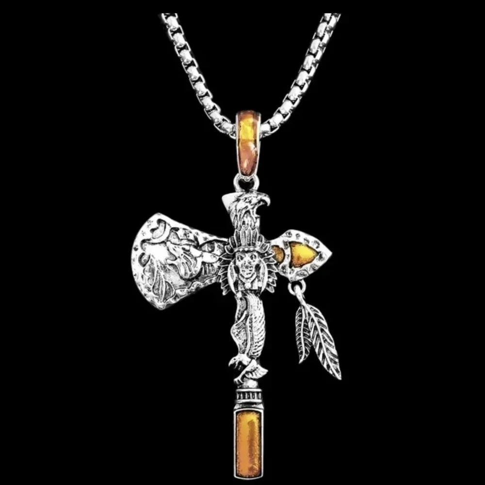 New Indian Ax Shaped Pendant Engraved Eagle Wolf Head Pendant Necklace, T5B4A